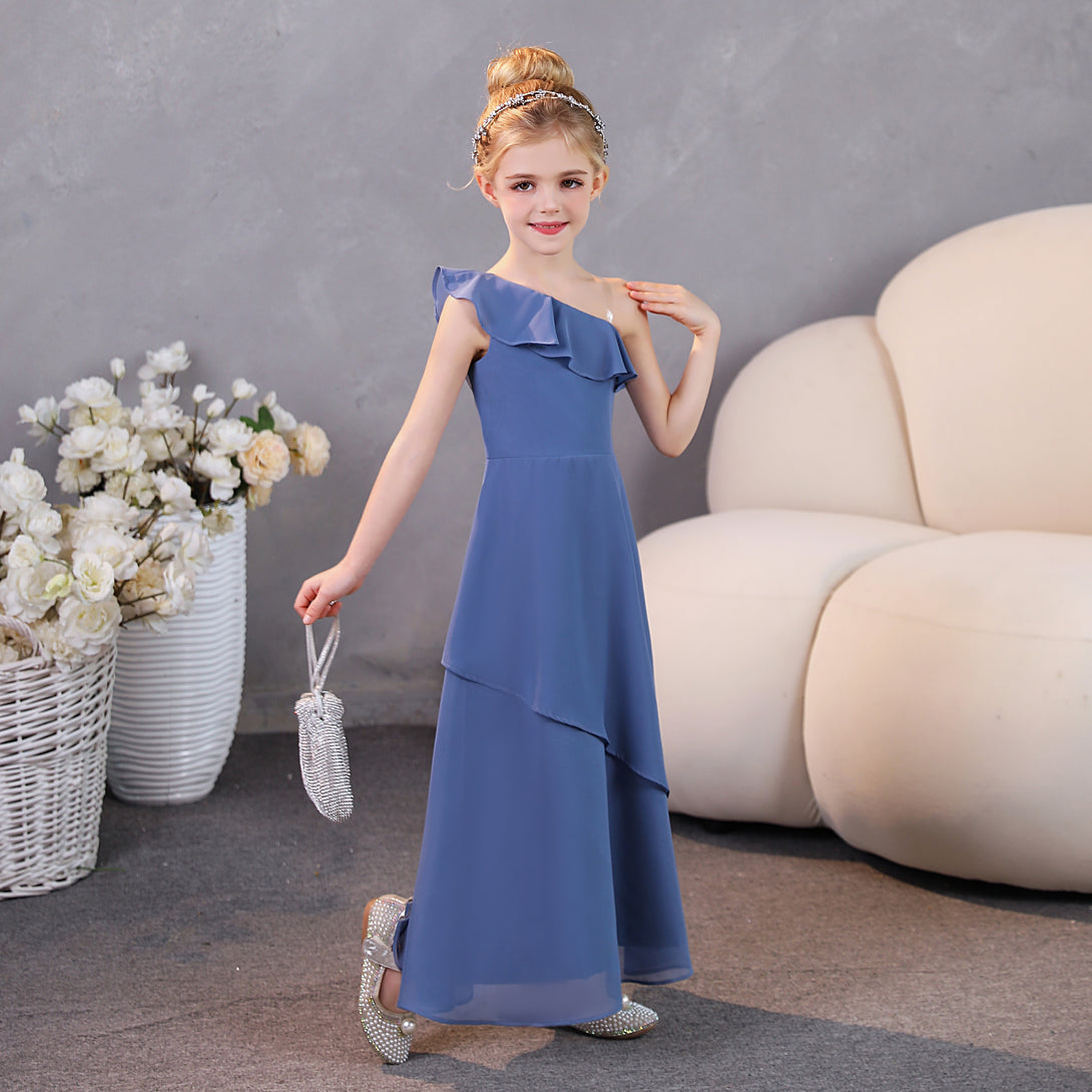 Girls Birthday Dresses One-Shoulder Sleeveless Chiffon Floor-Length Graceful Junior Bridesmaid Dress/Party Dresses With Ruffled Hem Gidiondress