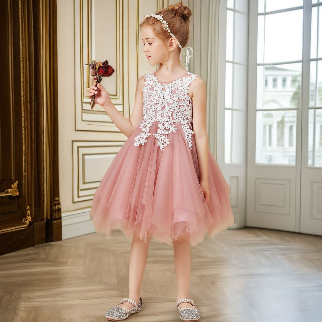 Sleeveless Scoop Neck Knee-Length Tulle Flower Girl Dresses/Girls Birthday Dresses With Appliques Gidiondress