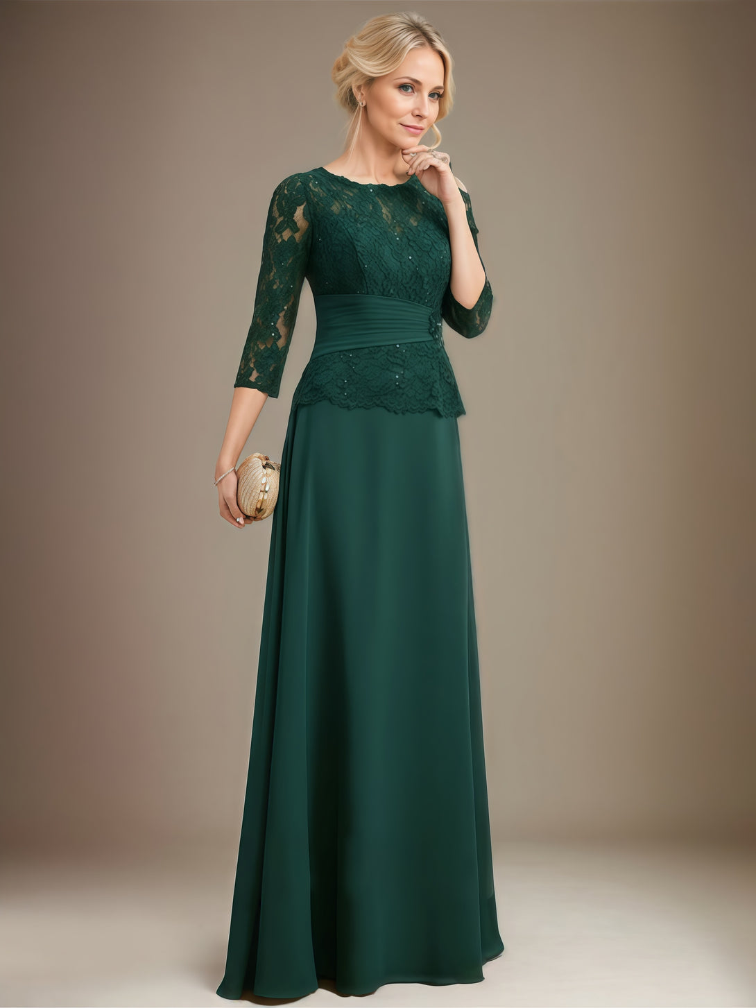 Scoop Neck A-Line 3/4 Sleeve Floor-Length Chiffon/Lace Mother of the Bride Dress With Beads/Pleated/Belt BabaMila
