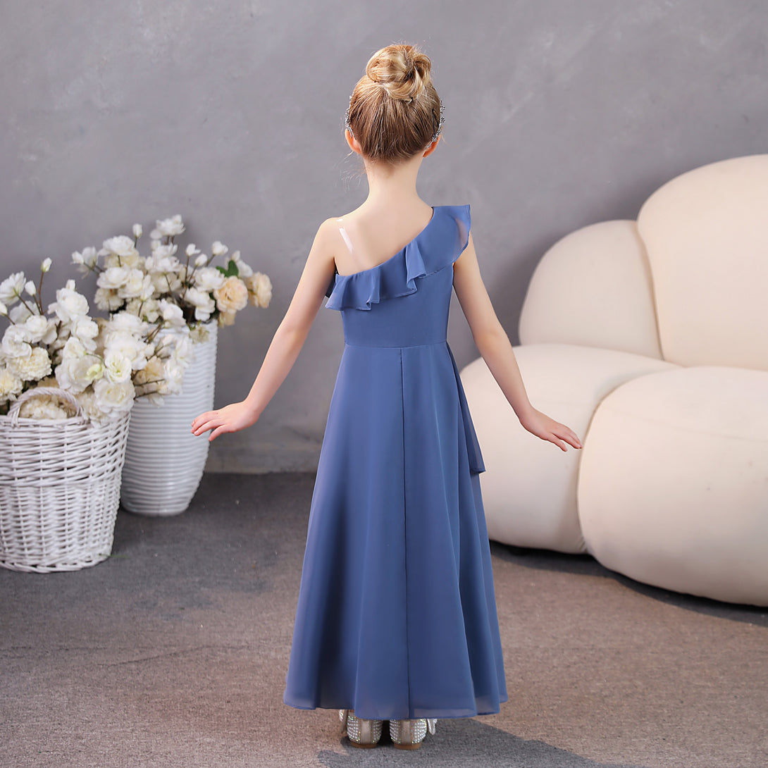 Girls Birthday Dresses One-Shoulder Sleeveless Chiffon Floor-Length Graceful Junior Bridesmaid Dress/Party Dresses With Ruffled Hem Gidiondress