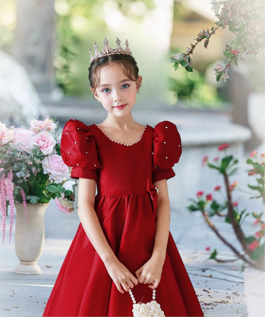 Scoop Neck Puff Sleeve Floor-Length Satin Girls Birthday Dresses With Beads/Bow Girls Gidiondress