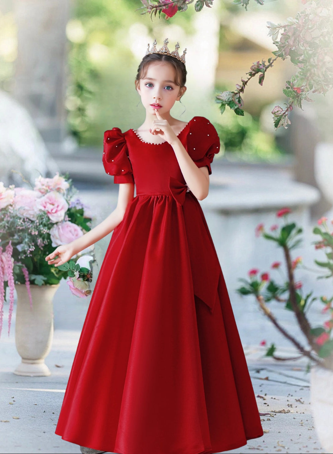 Scoop Neck Puff Sleeve Floor-Length Satin Girls Birthday Dresses With Beads/Bow Girls Gidiondress