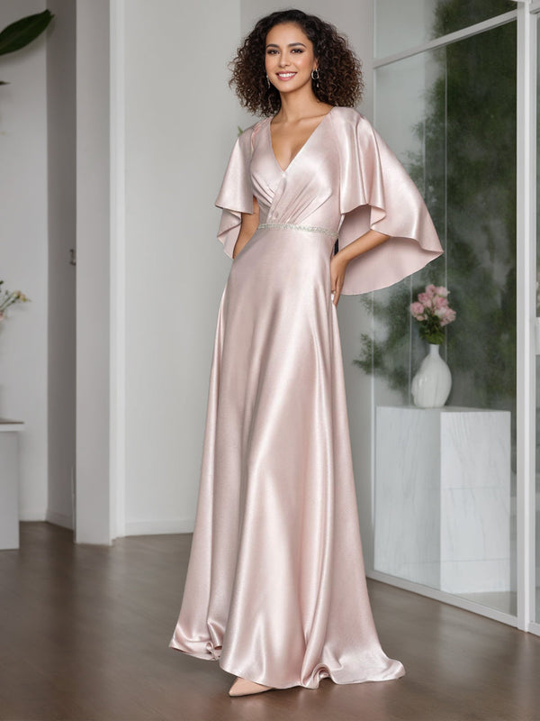 A-Line/Princess Elegant V-Neck Short Cape Sleeves Floor-Length Mother Of The Bride Dresses With Ruffle BabaMila