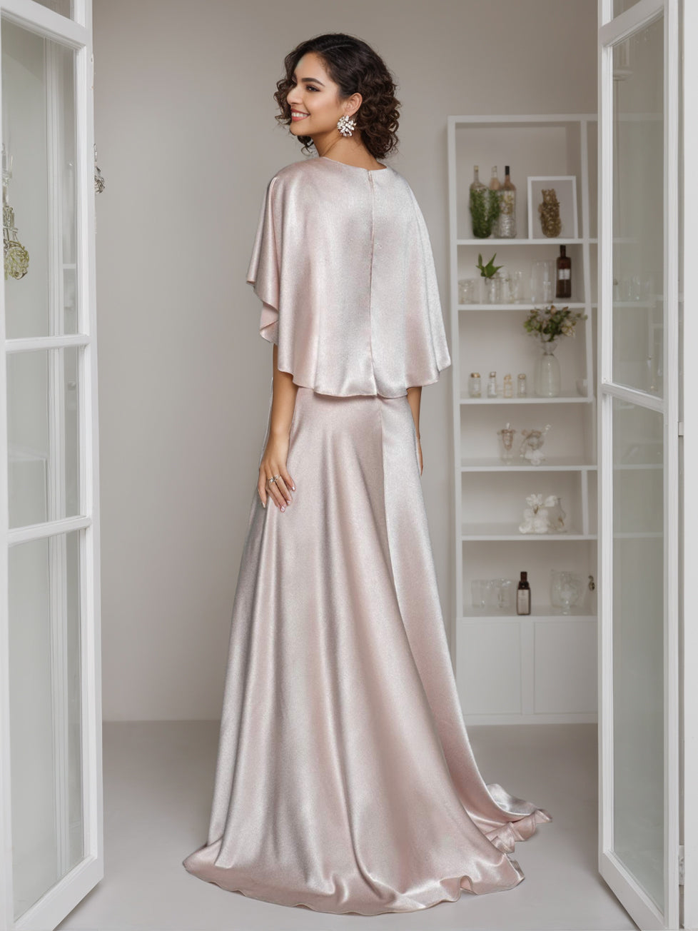 A-Line/Princess Elegant V-Neck Short Cape Sleeves Floor-Length Mother Of The Bride Dresses With Ruffle BabaMila