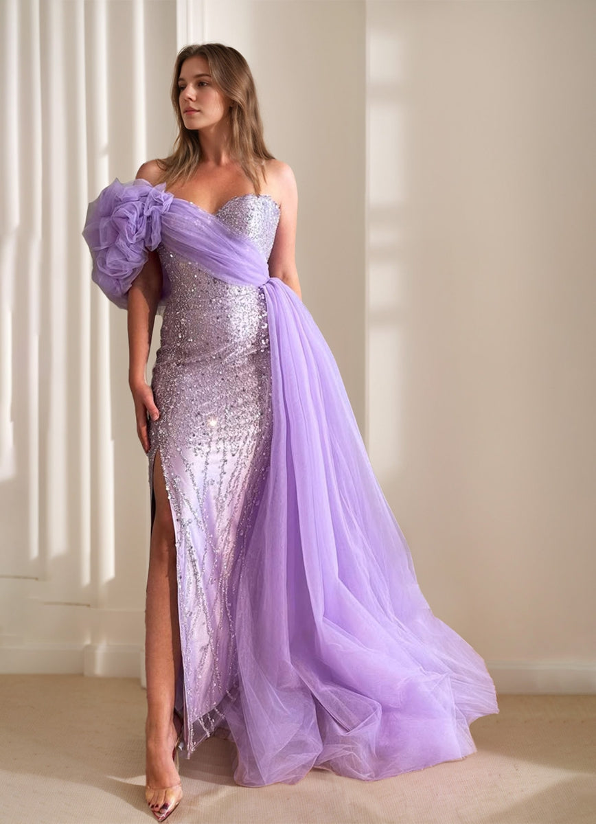 Sheath/Column One-Shoulder Sleeveless Luxurious Prom Dresses with Flower/Watteau Train BabaMila