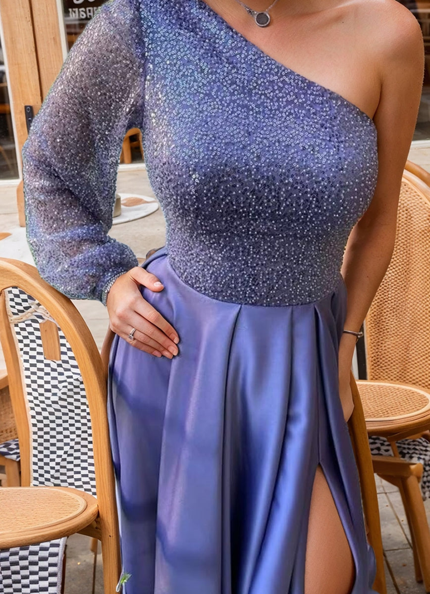 A-Line/Princess One-Shoulder Sequined Elegant Evening Dresses with Split Side/Beadings BabaMila