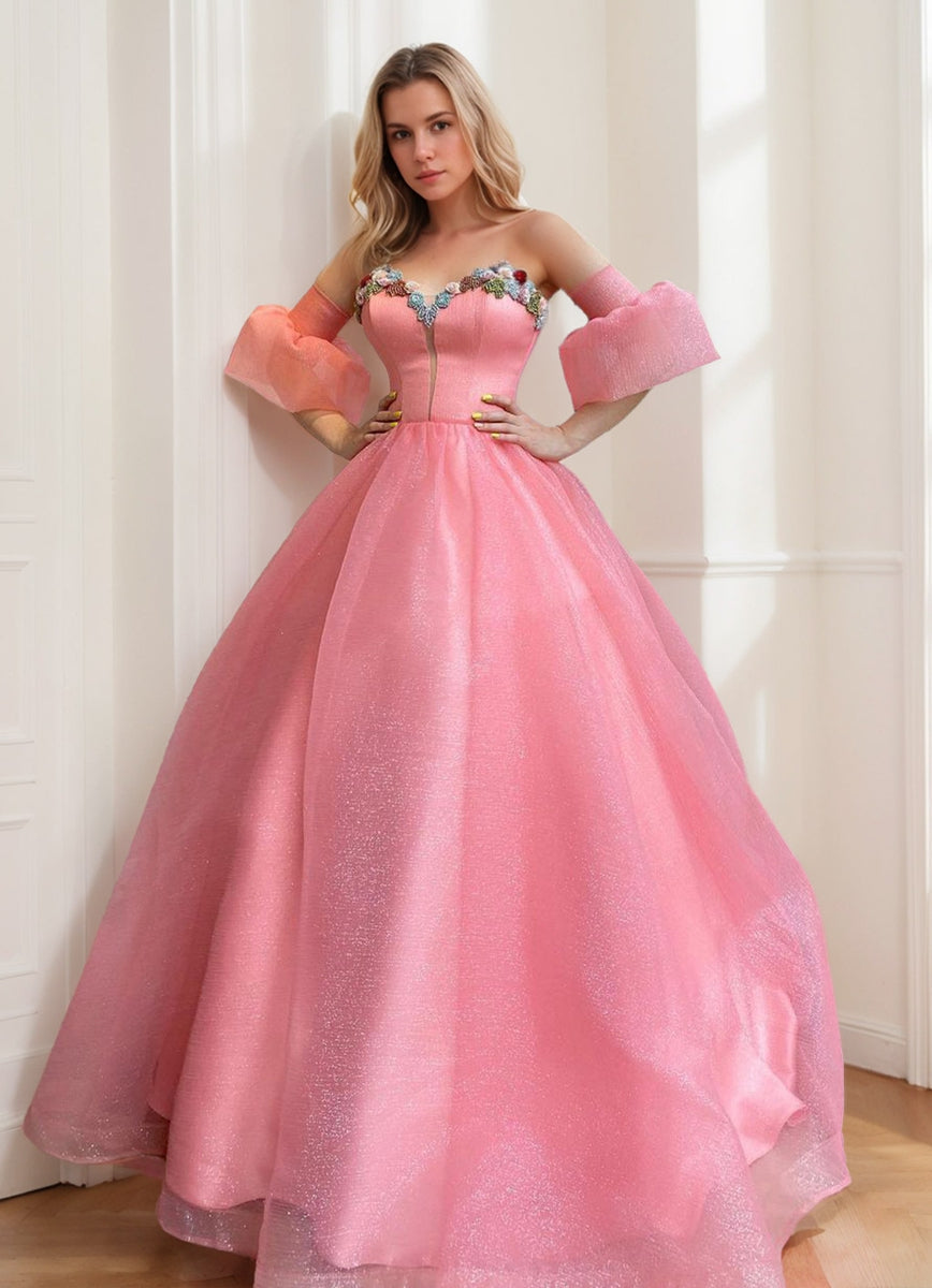 Ball Gown Strapless Sleeveless Elegant Organza Prom Dresses with Embroidery/Ruffles BabaMila