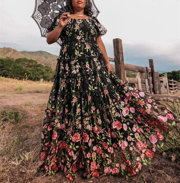 A-Line/Princess Square Neck Short Sleeves Floral Formal Plus Size Party Dresses With Flowers BabaMila