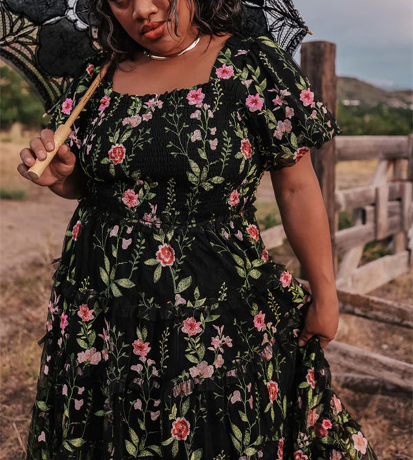 A-Line/Princess Square Neck Short Sleeves Floral Formal Plus Size Party Dresses With Flowers BabaMila