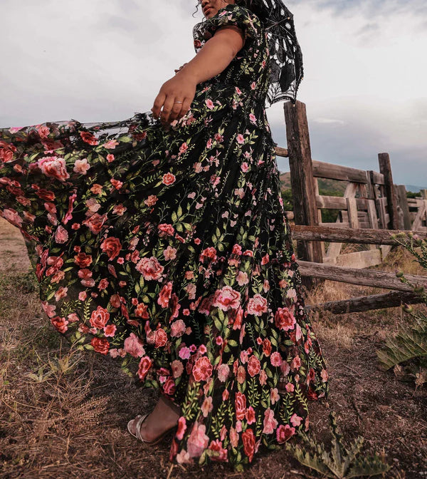 A-Line/Princess Square Neck Short Sleeves Floral Formal Plus Size Party Dresses With Flowers BabaMila