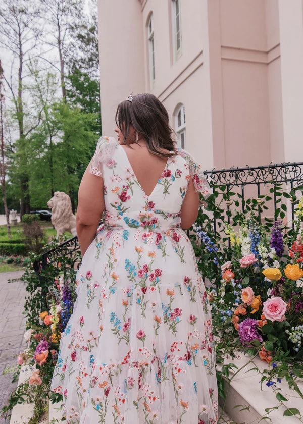 A-Line/Princess V-Neck Sleeveless Floral Formal Plus Size Party Dresses With Flowers BabaMila