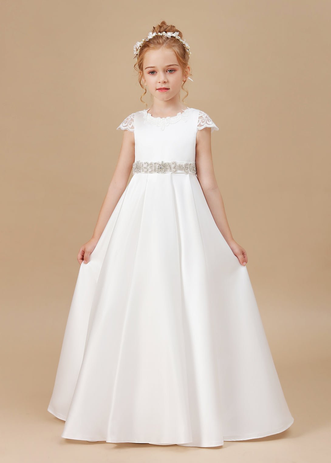 Ball Gown/Princess Cap Sleeve Scoop Neck Floor-Length Ivory Court Train Lace/Satin Flower Girl Dresses With Beads Belt and Removable Bow Gidiondress