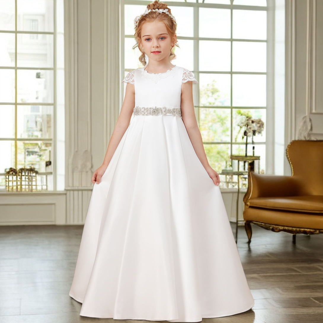 Ball Gown/Princess Cap Sleeve Scoop Neck Floor-Length Ivory Court Train Lace/Satin Flower Girl Dresses With Beads Belt and Removable Bow Gidiondress