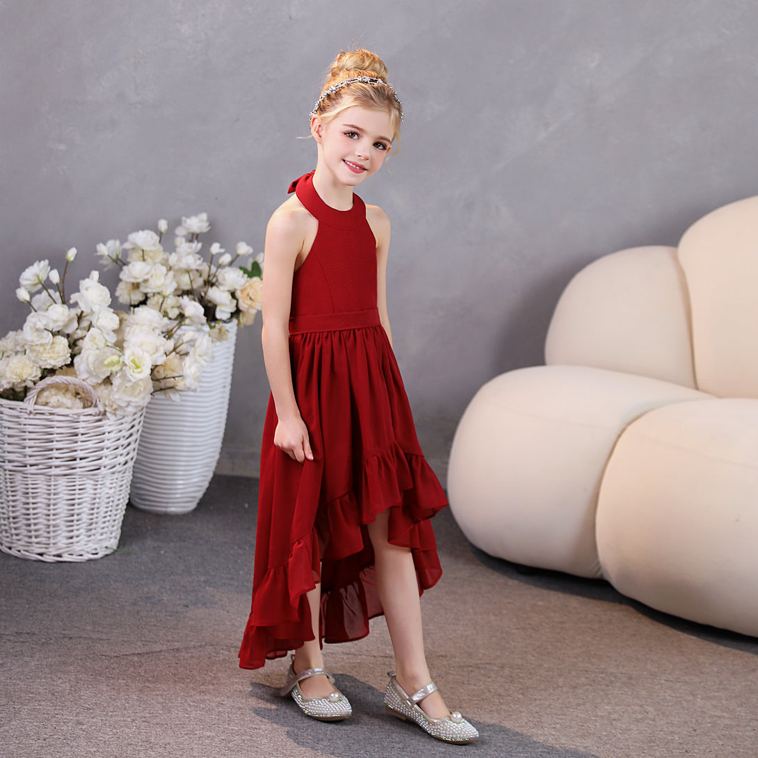 Girls Birthday Dresses Halter Sleeveless Chiffon Asymmetrical Junior Bridesmaid Dress/Party Dresses With Ruffled Hem/Belt Gidiondress