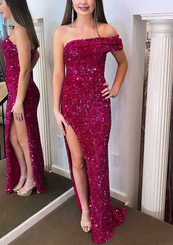 Mermaid/Trumpet Asymmetrical Off-The-Shoulder Sleeveless Long Prom Dresses With Sequins/Split Side BabaMila