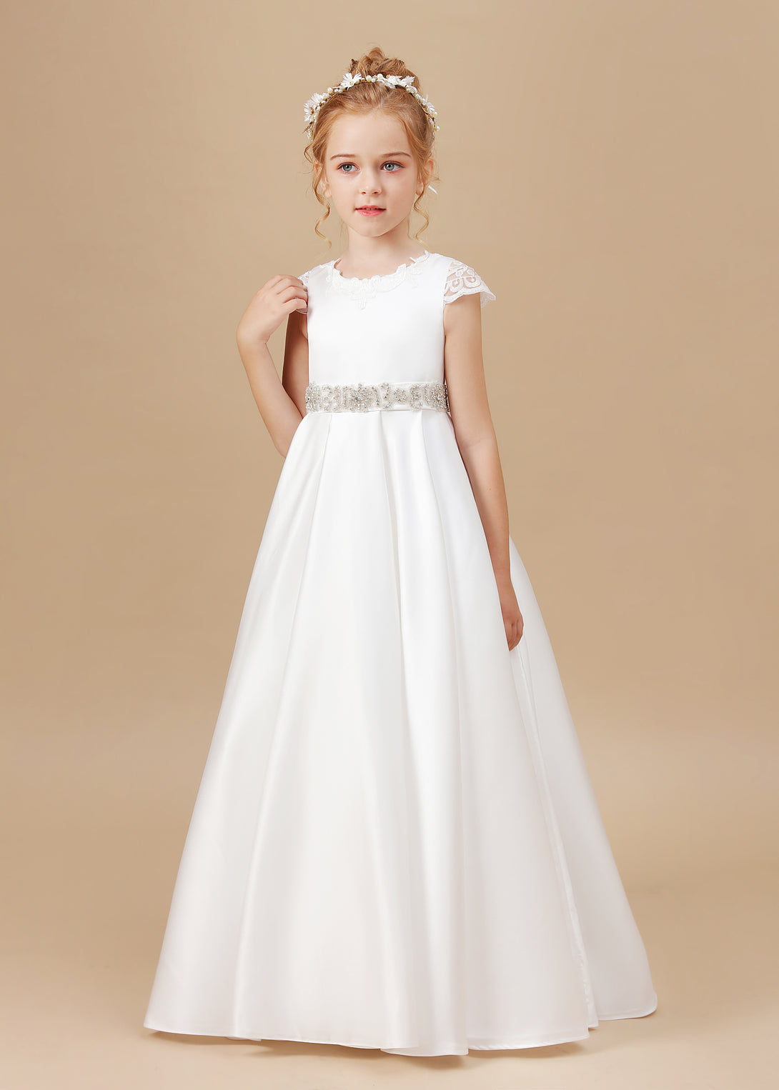 Ball Gown/Princess Cap Sleeve Scoop Neck Floor-Length Ivory Court Train Lace/Satin Flower Girl Dresses With Beads Belt and Removable Bow Gidiondress