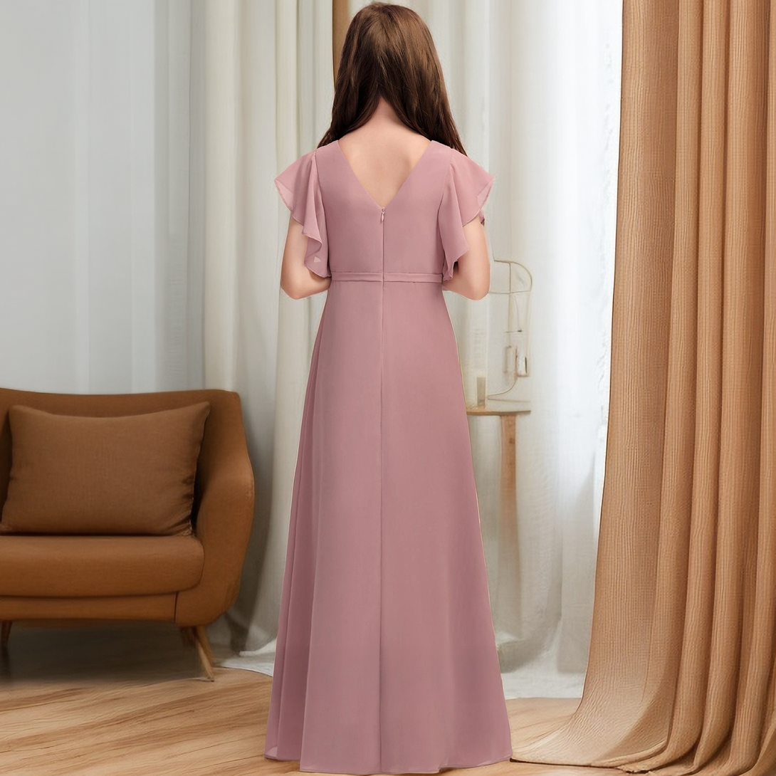 A-line V-Neck Floor-Length Chiffon Junior Bridesmaid Dress With Cascading Ruffles Girls Gidiondress