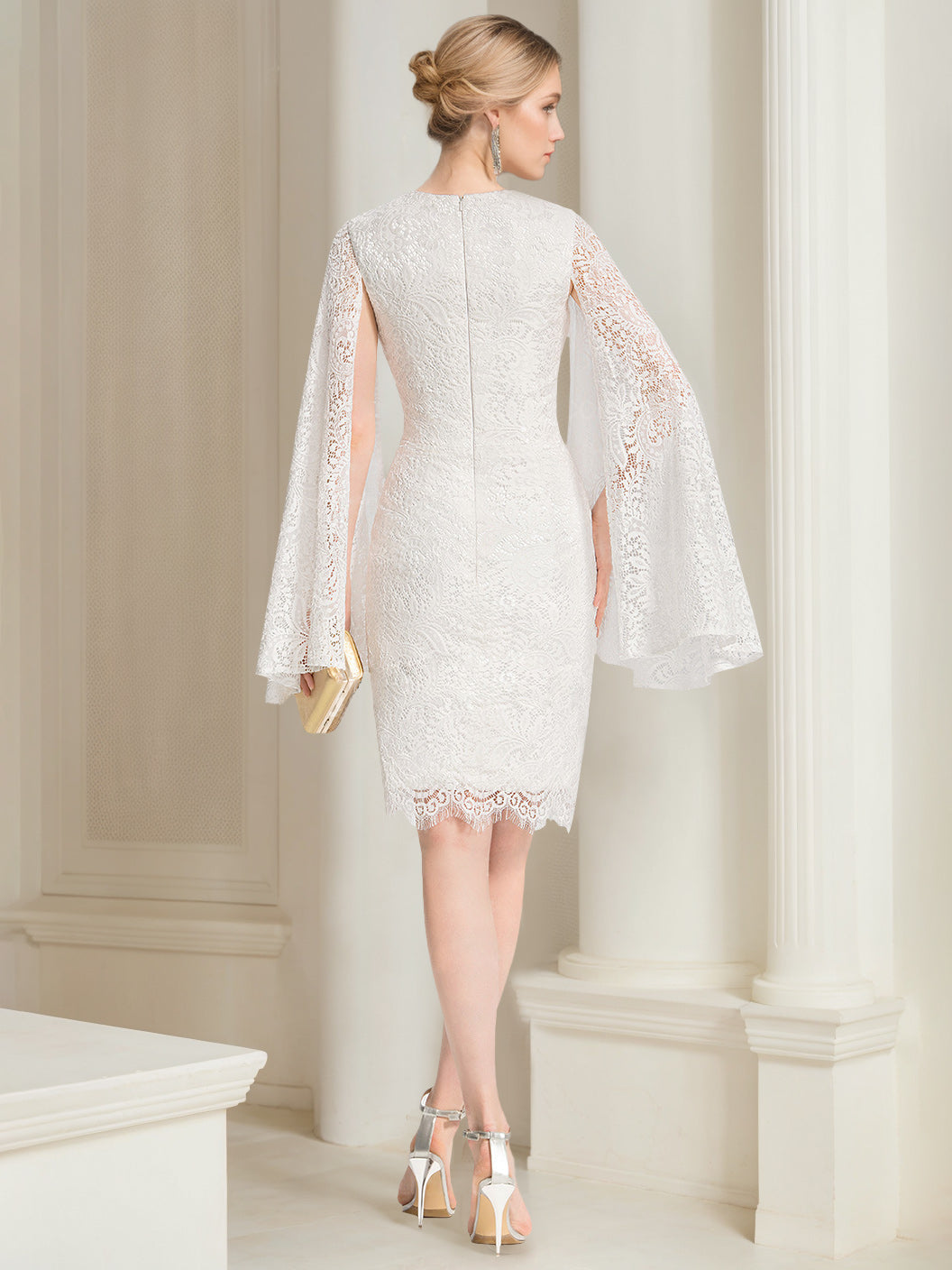 Sheath/Column Scoop Neck Knee-Length Wedding Dress With Appliques & Lace BabaMila