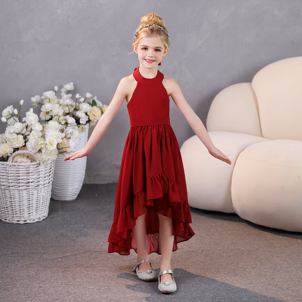 Girls Birthday Dresses Halter Sleeveless Chiffon Asymmetrical Junior Bridesmaid Dress/Party Dresses With Ruffled Hem/Belt Gidiondress as picture 12M