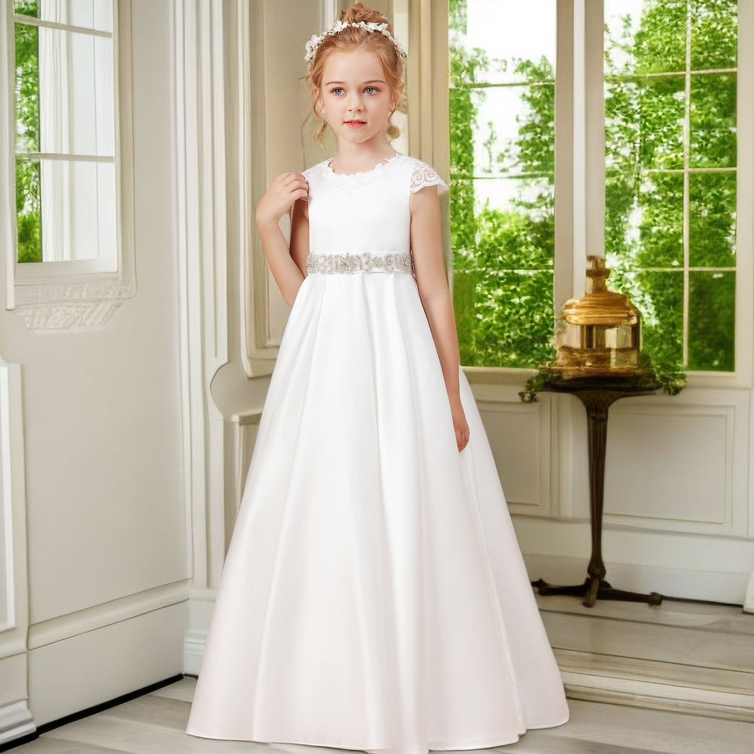 Ball Gown/Princess Cap Sleeve Scoop Neck Floor-Length Ivory Court Train Lace/Satin Flower Girl Dresses With Beads Belt and Removable Bow Gidiondress Ivory 12M