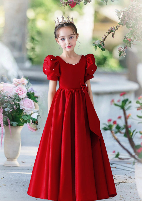Scoop Neck Puff Sleeve Floor-Length Satin Girls Birthday Dresses With Beads/Bow Girls Gidiondress