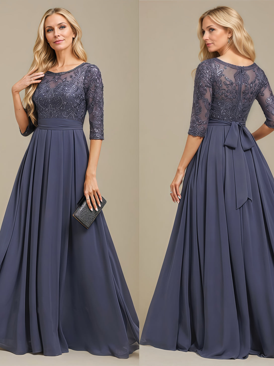 Scoop Neck A-Line Half Sleeve Illusion Floor-Length Chiffon/Lace Mother of the Bride Dress With Sequins/Appliques/Belt BabaMila
