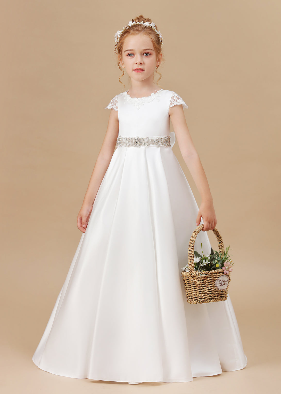 Ball Gown/Princess Cap Sleeve Scoop Neck Floor-Length Ivory Court Train Lace/Satin Flower Girl Dresses With Beads Belt and Removable Bow Gidiondress