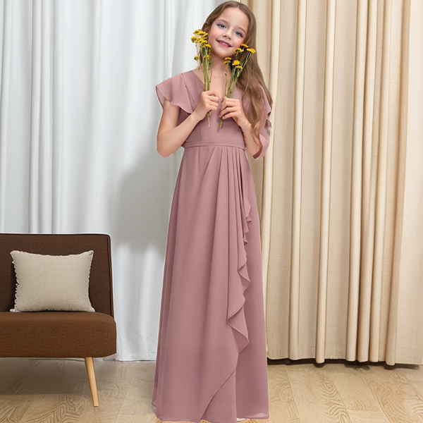 A-line V-Neck Floor-Length Chiffon Junior Bridesmaid Dress With Cascading Ruffles Girls Gidiondress