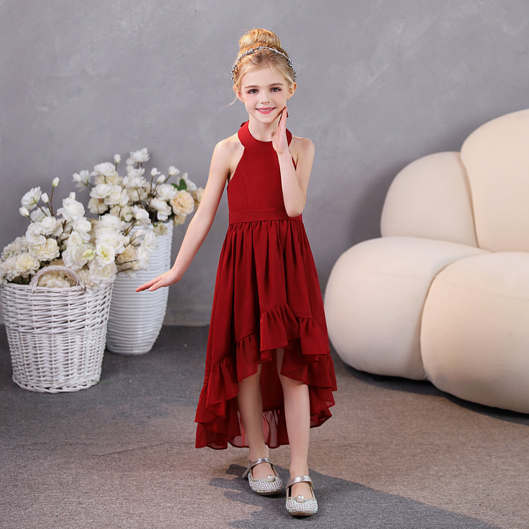 Girls Birthday Dresses Halter Sleeveless Chiffon Asymmetrical Junior Bridesmaid Dress/Party Dresses With Ruffled Hem/Belt Gidiondress