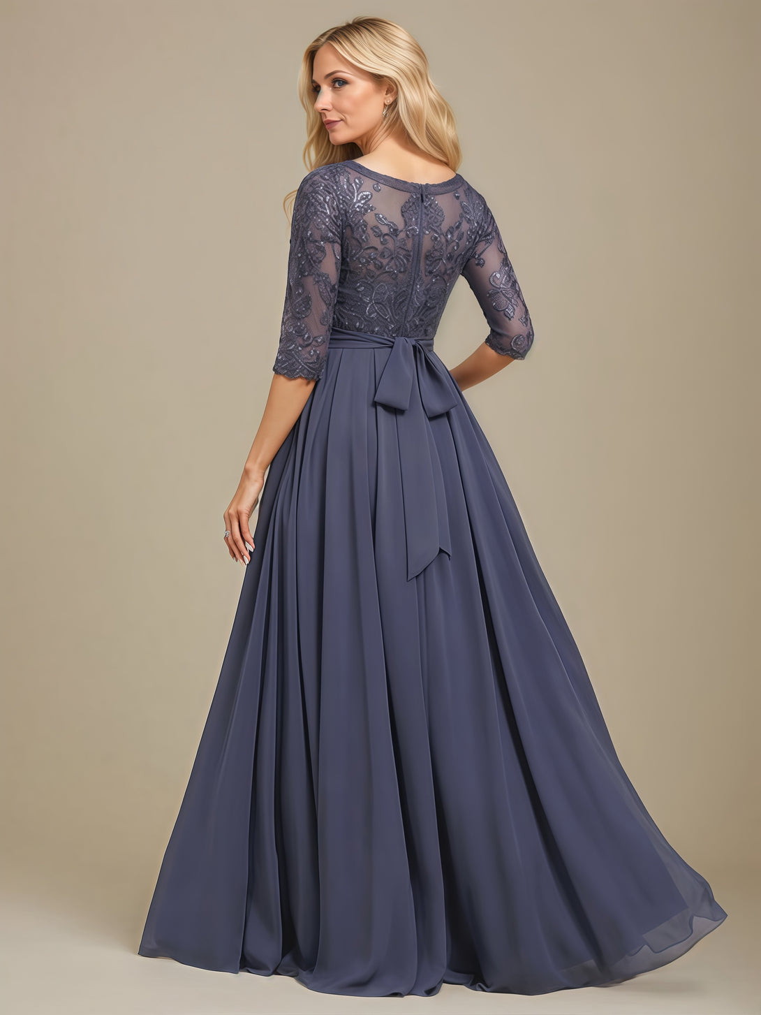 Scoop Neck A-Line Half Sleeve Illusion Floor-Length Chiffon/Lace Mother of the Bride Dress With Sequins/Appliques/Belt BabaMila