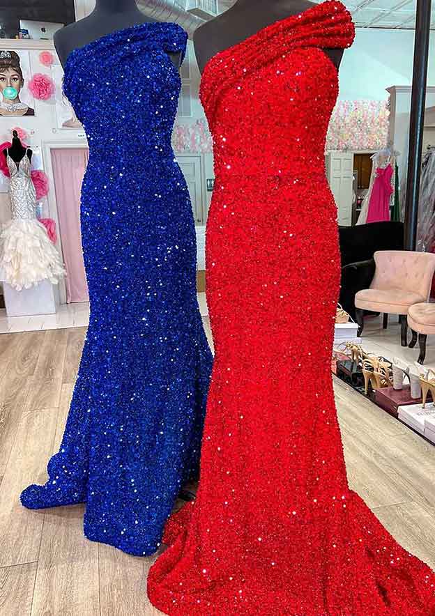 Mermaid/Trumpet Asymmetrical Off-The-Shoulder Sleeveless Long Prom Dresses With Sequins/Split Side BabaMila