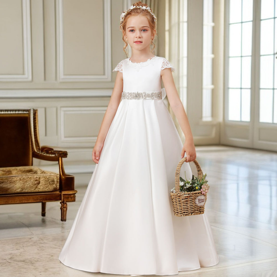 Ball Gown/Princess Cap Sleeve Scoop Neck Floor-Length Ivory Court Train Lace/Satin Flower Girl Dresses With Beads Belt and Removable Bow Gidiondress