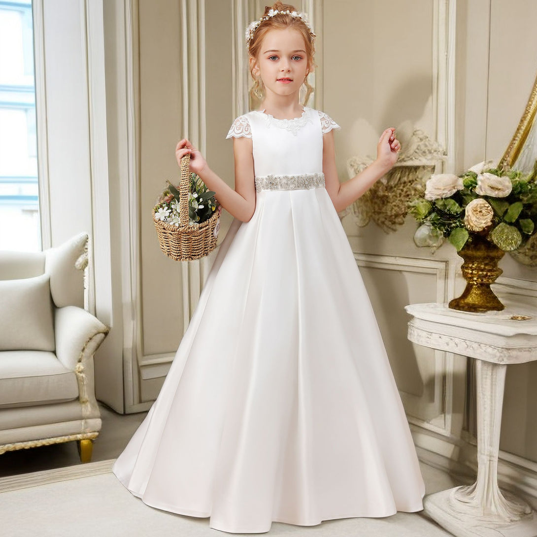 Ball Gown/Princess Cap Sleeve Scoop Neck Floor-Length Ivory Court Train Lace/Satin Flower Girl Dresses With Beads Belt and Removable Bow Gidiondress