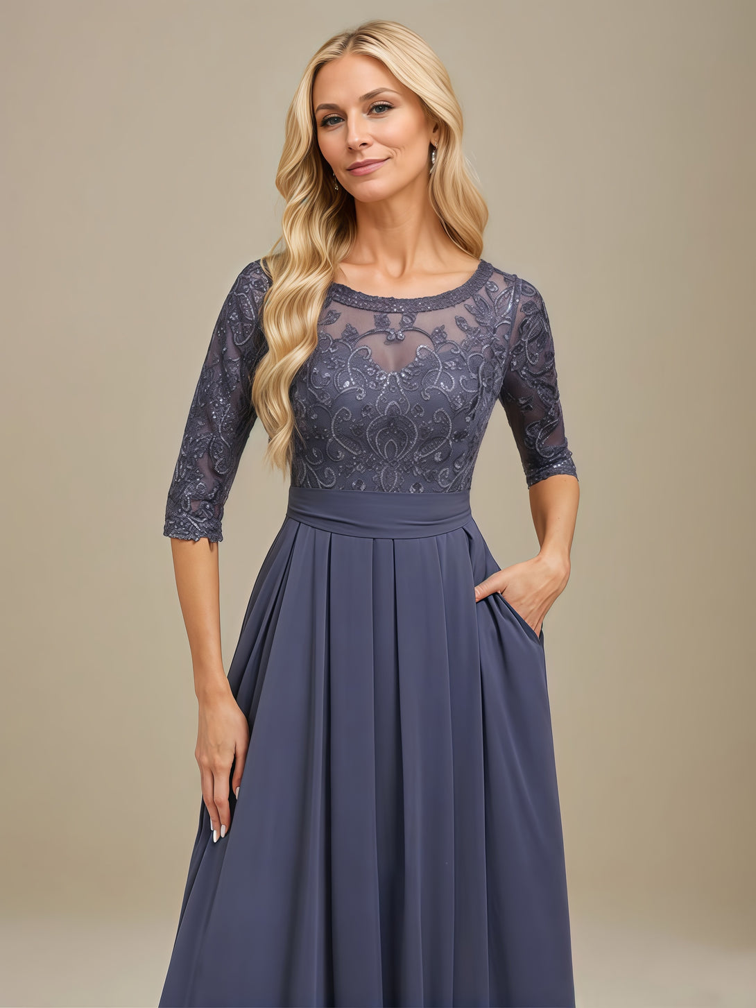 Scoop Neck A-Line Half Sleeve Illusion Floor-Length Chiffon/Lace Mother of the Bride Dress With Sequins/Appliques/Belt BabaMila