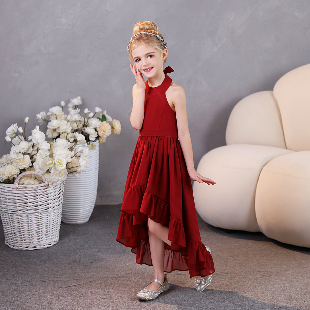 Girls Birthday Dresses Halter Sleeveless Chiffon Asymmetrical Junior Bridesmaid Dress/Party Dresses With Ruffled Hem/Belt Gidiondress