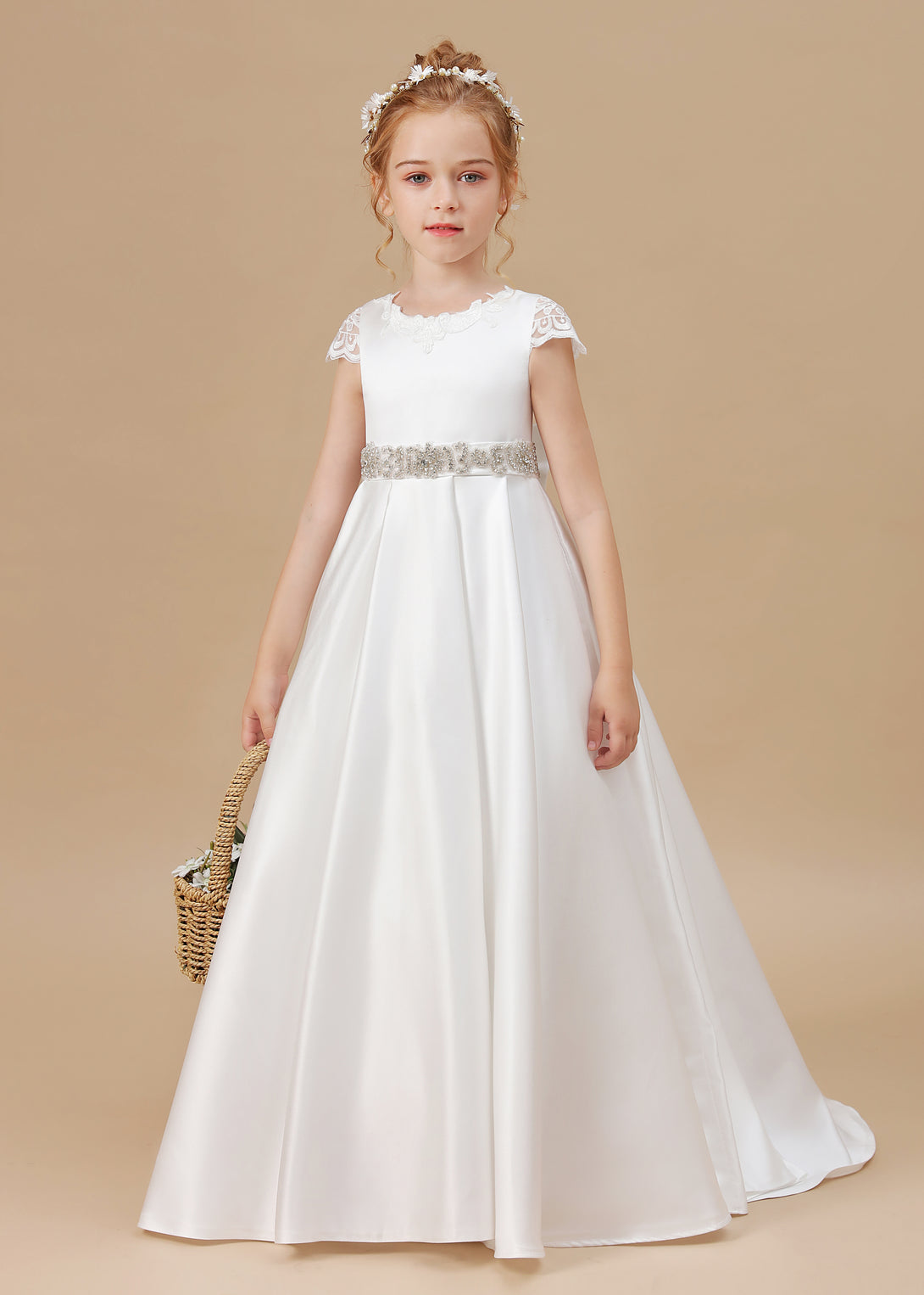 Ball Gown/Princess Cap Sleeve Scoop Neck Floor-Length Ivory Court Train Lace/Satin Flower Girl Dresses With Beads Belt and Removable Bow Gidiondress