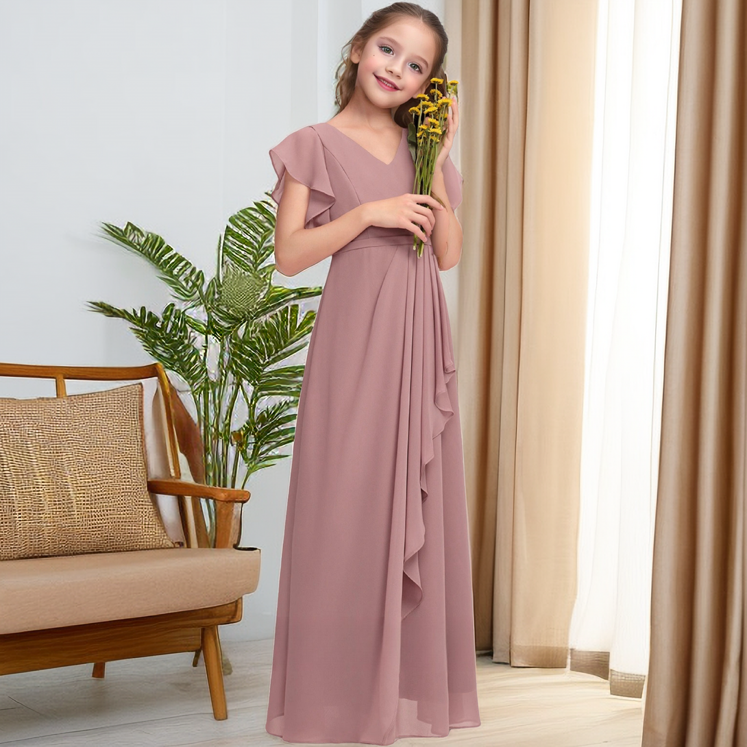 A-line V-Neck Floor-Length Chiffon Junior Bridesmaid Dress With Cascading Ruffles Girls Gidiondress as picture 12M