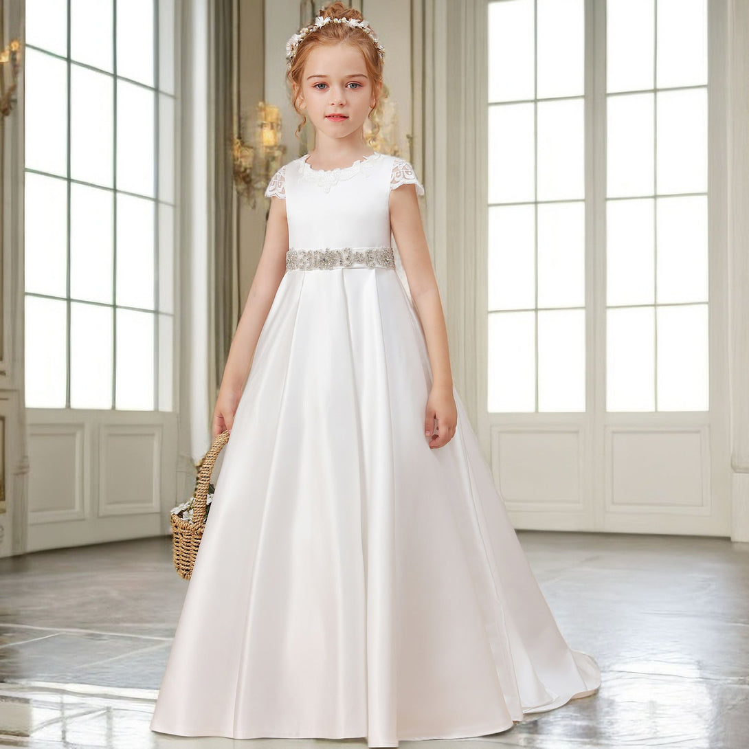 Ball Gown/Princess Cap Sleeve Scoop Neck Floor-Length Ivory Court Train Lace/Satin Flower Girl Dresses With Beads Belt and Removable Bow Gidiondress