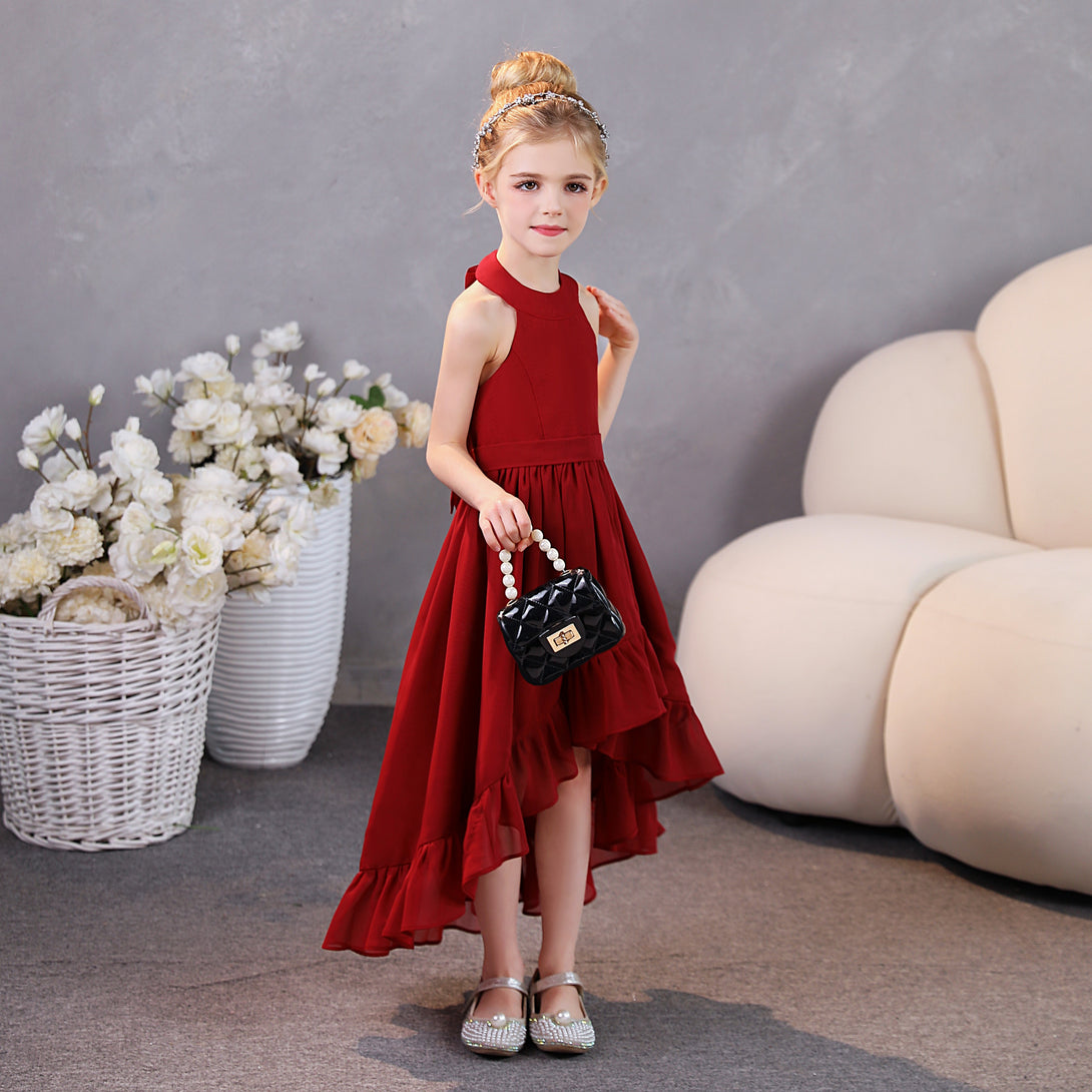 Girls Birthday Dresses Halter Sleeveless Chiffon Asymmetrical Junior Bridesmaid Dress/Party Dresses With Ruffled Hem/Belt Gidiondress
