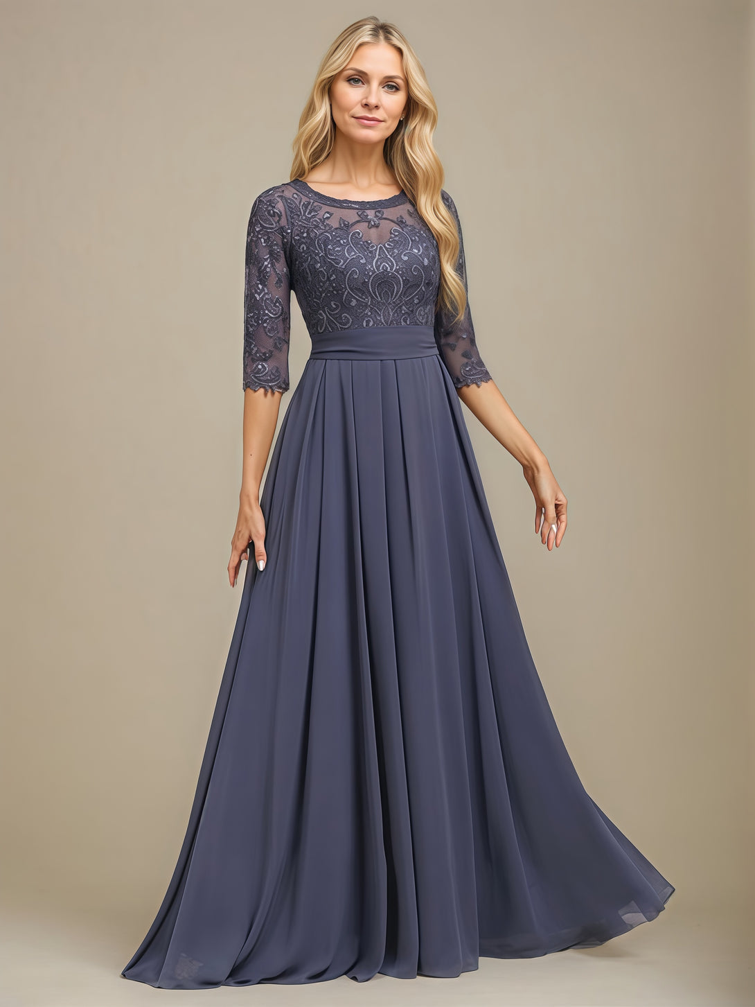 Scoop Neck A-Line Half Sleeve Illusion Floor-Length Chiffon/Lace Mother of the Bride Dress With Sequins/Appliques/Belt BabaMila