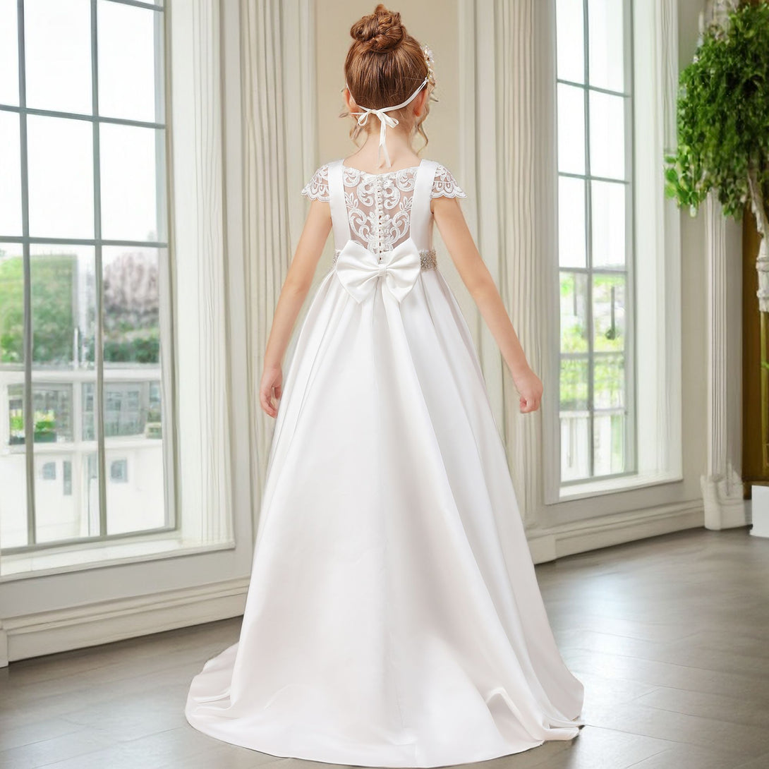 Ball Gown/Princess Cap Sleeve Scoop Neck Floor-Length Ivory Court Train Lace/Satin Flower Girl Dresses With Beads Belt and Removable Bow Gidiondress