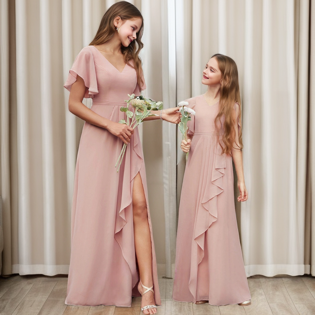 A-line V-Neck Floor-Length Chiffon Junior Bridesmaid Dress With Cascading Ruffles Girls Gidiondress