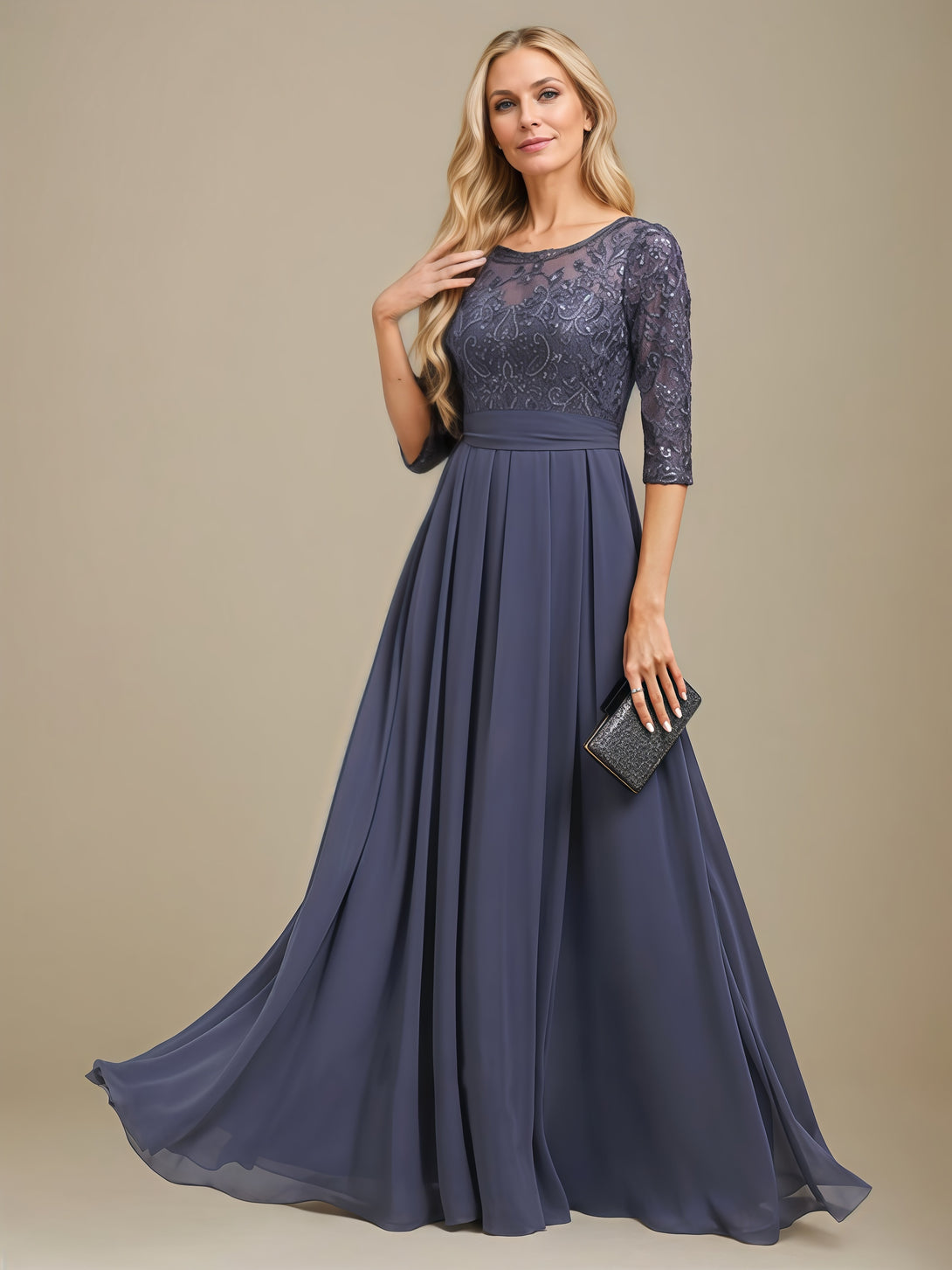 Scoop Neck A-Line Half Sleeve Illusion Floor-Length Chiffon/Lace Mother of the Bride Dress With Sequins/Appliques/Belt BabaMila
