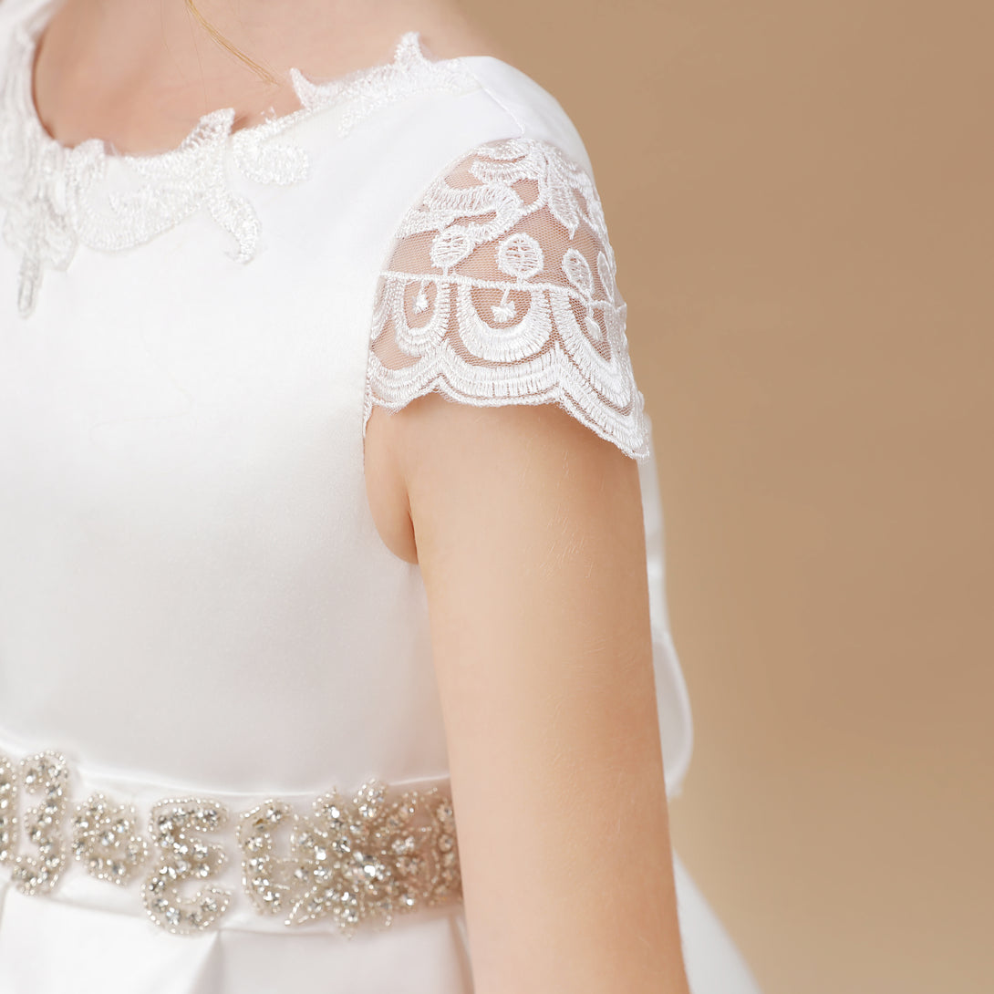 Ball Gown/Princess Cap Sleeve Scoop Neck Floor-Length Ivory Court Train Lace/Satin Flower Girl Dresses With Beads Belt and Removable Bow Gidiondress