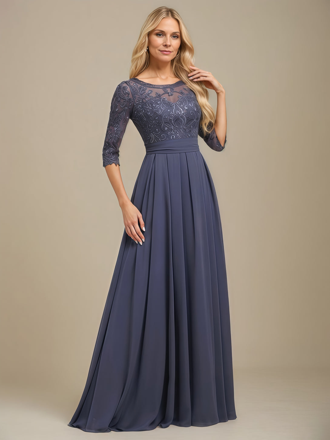Scoop Neck A-Line Half Sleeve Illusion Floor-Length Chiffon/Lace Mother of the Bride Dress With Sequins/Appliques/Belt BabaMila