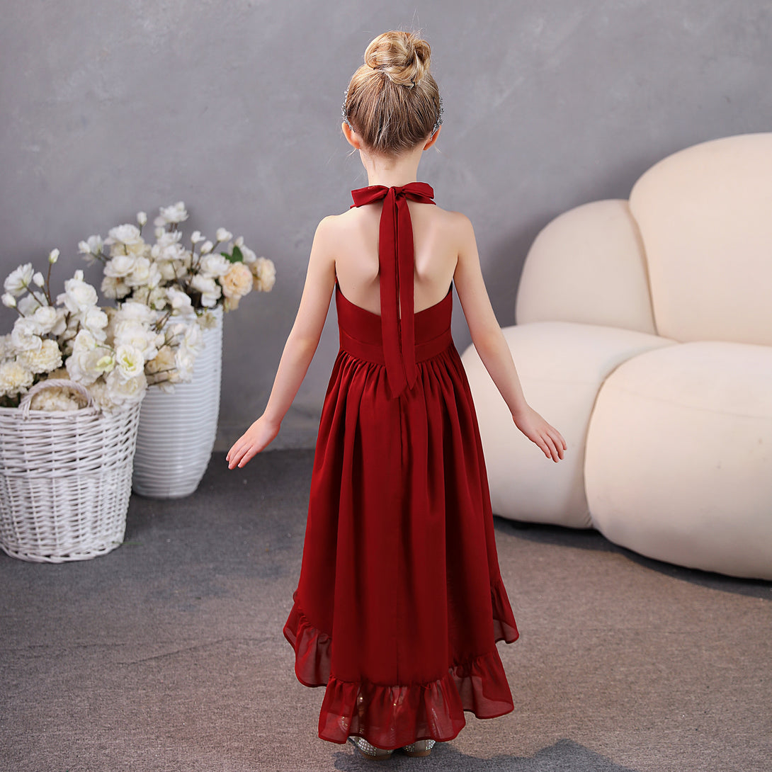 Girls Birthday Dresses Halter Sleeveless Chiffon Asymmetrical Junior Bridesmaid Dress/Party Dresses With Ruffled Hem/Belt Gidiondress