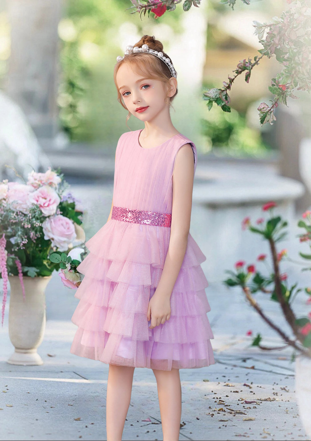 Scoop Neck Sleeveless Knee-Length Sequins/Tulle Girl's Cake Dresses With Pleated/Belt Girls Gidiondress