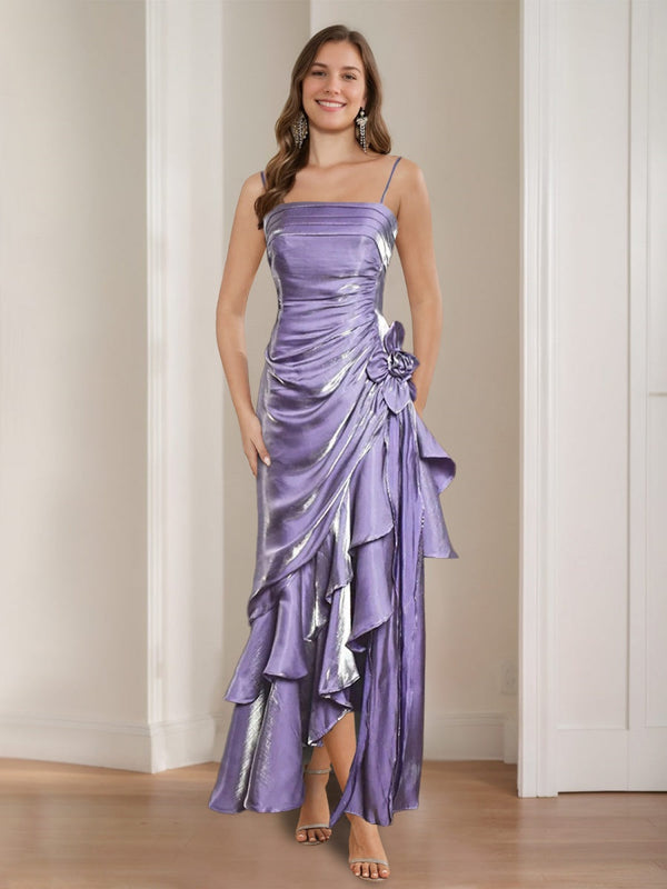 A-Line/Princess Spaghetti Straps Ruched Asymmetrical Vintage Prom Dresses With Ruffles & 3D Flower BabaMila