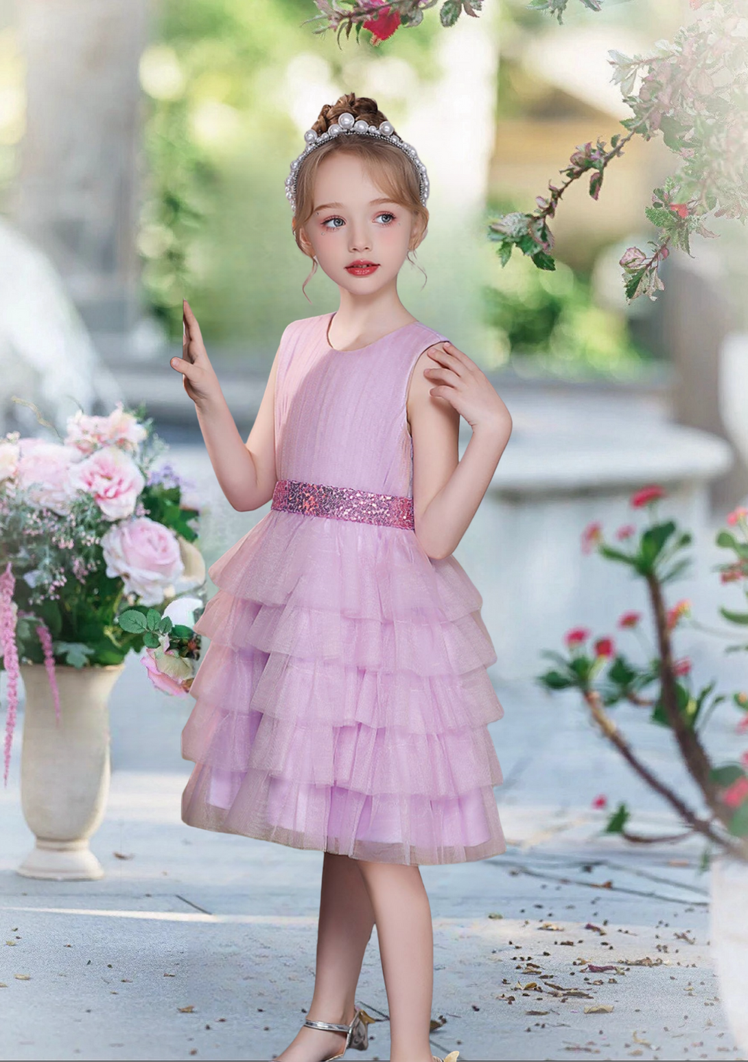 Scoop Neck Sleeveless Knee-Length Sequins/Tulle Girl's Cake Dresses With Pleated/Belt Girls Gidiondress
