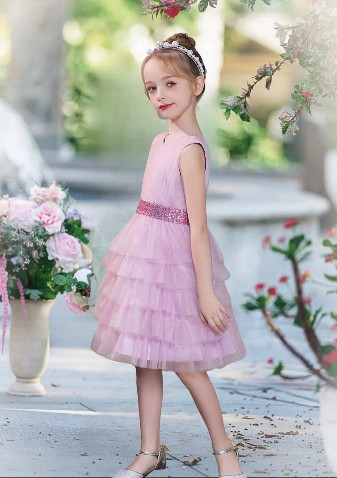 Scoop Neck Sleeveless Knee-Length Sequins/Tulle Girl's Cake Dresses With Pleated/Belt Girls Gidiondress
